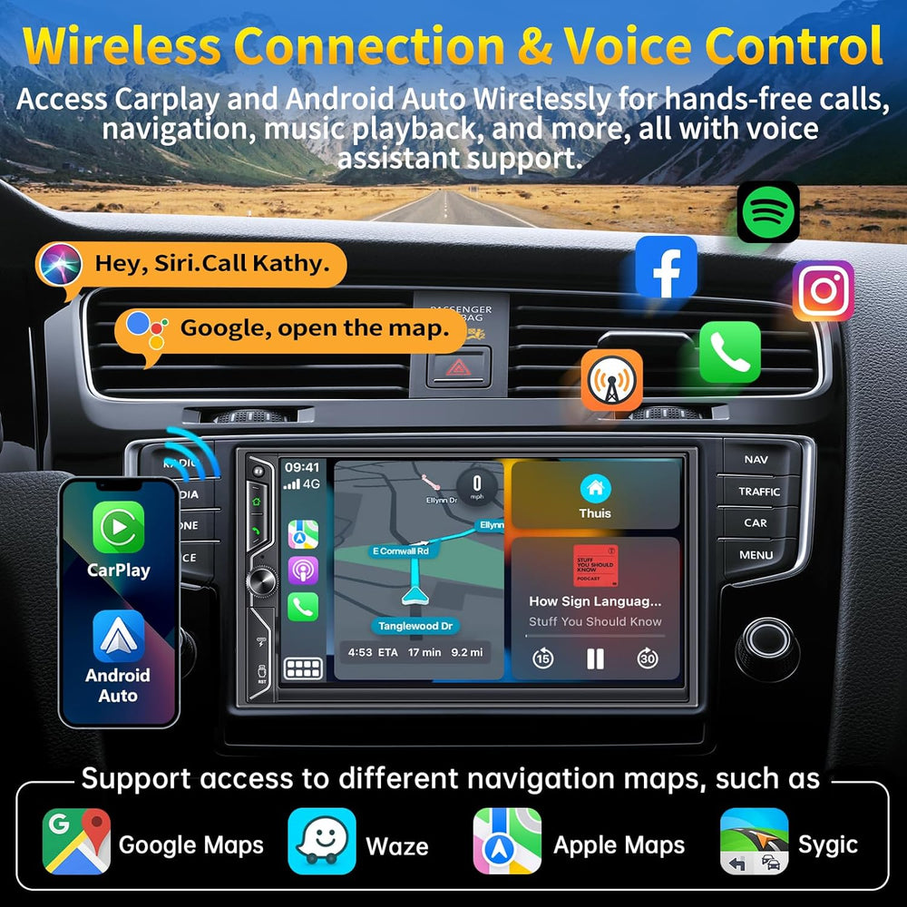 JOY-W021 - Double Din Car Stereo with Wireless Apple Carplay, Android Auto