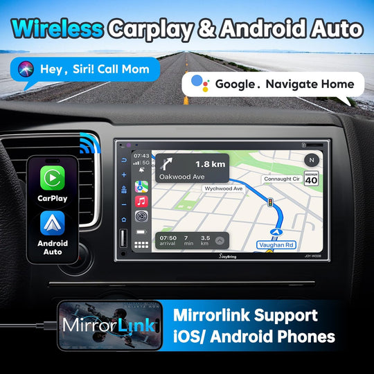 JOY-W008 - Double Din Car Stereo with Wireless Apple Carplay, Android Auto